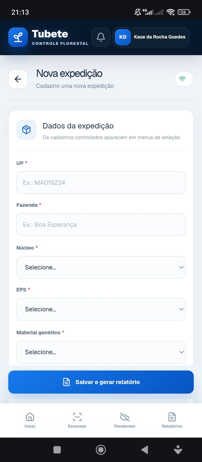 Formulário de nova expedição de tubetes florestais